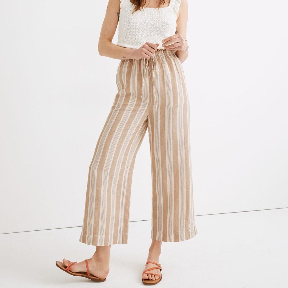 Madewell cream and beige striped wide leg linen pants size Large